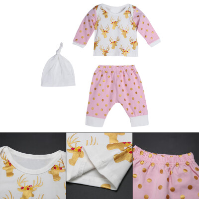 

3pcs Baby Infant Toddlers Deer Print Long Sleeve Tops Pants Hat Outfit Set