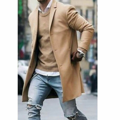 

Men Wool Coat Winter Trench Coat Outwear Overcoat Long Sleeve Button Up Jacket