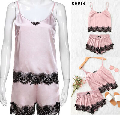 

Women Sexy Lace Satin Lingerie Smooth Silk-like Nightwear Sleepwear Pajama Set