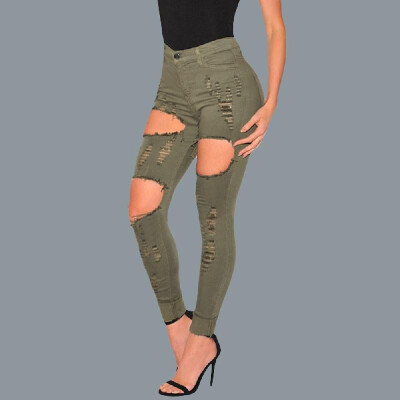 

Women Washed Denim Jeans Ripped Hole Zipper Pockets High Waist Stretchy Skinny Pencil Trousers Army Green