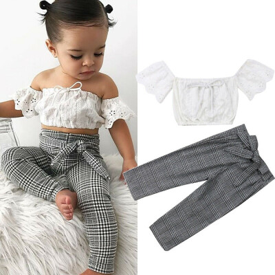 

2PCS Kids Baby Girl Lace Off Shoulder Tops Plaid Pants Outfits Sunsuit Summer