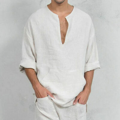 

Mens Summer Autumn Long Sleeve Shirts Loose V-neck Linen T-shirt Tops Tee