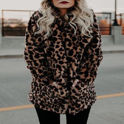 

Leopard Pattern Dual Pockets Shawl Lapel Long Sleeves Teddy Coat