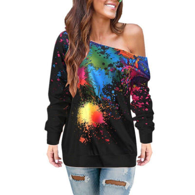 

Women Autumn Fashion Concise Casual All-match Printed Long Sleeve Loose Sloping Shoulder T-shirts