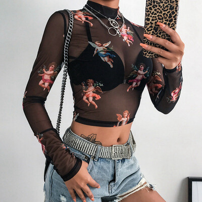 

Sexy Exposed Navel Mesh Crop Top Angel Printed Long-Sleeved Half-High Collar Tshirt Slim Short T Shirt
