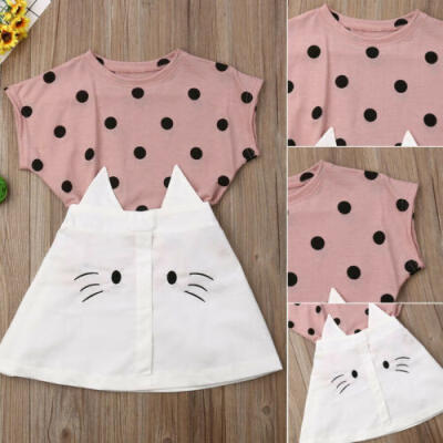 

Toddler Baby Girls Outfit Dot T-shirt Tops Cat Dress Skirt Summer 2Pcs Set