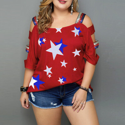 

Starmoon Women Plus Size Casual Flag Print Off Shoulder Slings Sleeve Top T-Shirt