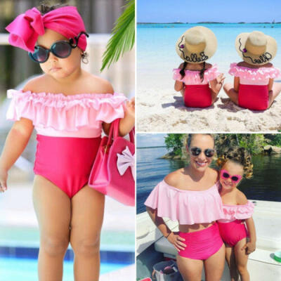 

USA Family Women Kids Baby Girls Off Shoulder Swimsuit Swimwear Beach Bikini Rac