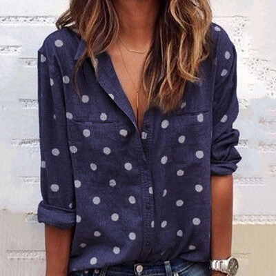 

Women Loose Fit Shirts Tops Casual Long Sleeve Polka Dot Print Blouse Summer