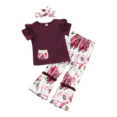 

3PCS Newborn Toddler Baby Girl Clothes Flower T-shirt TopPants Headband Outfits Set