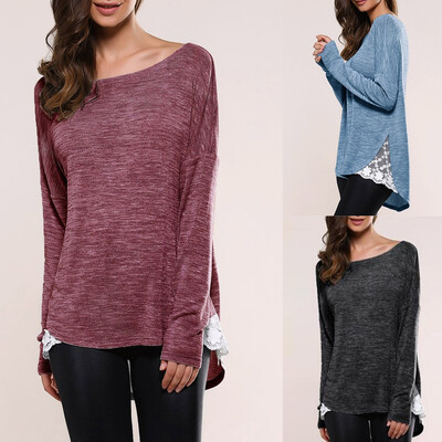 

Nomeni Fashion Women Lace Stitching Asymmetry Long Sleeve T-shirt Blouse Tops