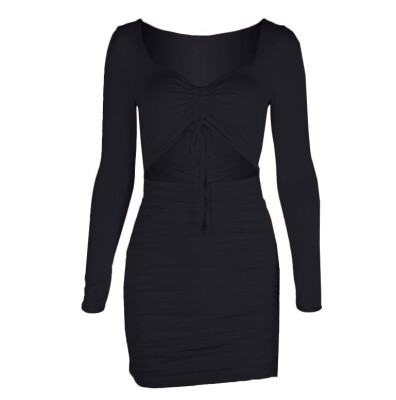 

Sexy Women Solid V Neck Long Sleeves Drawstring Bodycon Club Party Mini Dress