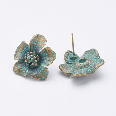 

Tibetan Style Alloy Stud Earrings Flower Antique Bronze & Green Patina 20x19x55mm Pin 07mm