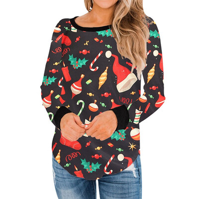 

New 2019 Autumn Women Fashion Christmas Printing O-neck Long sleeve Casual T-shirt Top