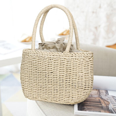 

Summer Women Square Straw Handbag Tote Drawstring Solid Color Bohemian Woven Rattan Bag Casual Shoulder Bag