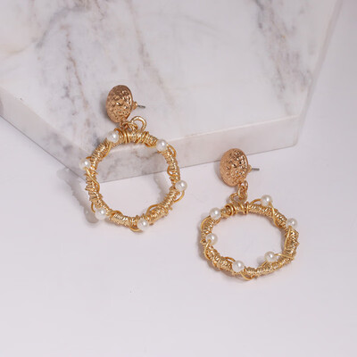 

AOEMAN women trendy simulated pearl statement dangle earrings vintage party jewelry accessories gold color metal drop earrings