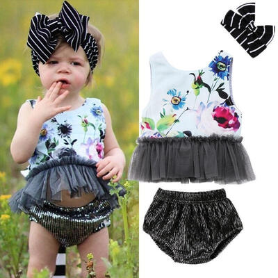 

Newborn Baby Girls Floral Clothes T-shirt Tops TutuPantsHeadband Sunsuit Outfits Set