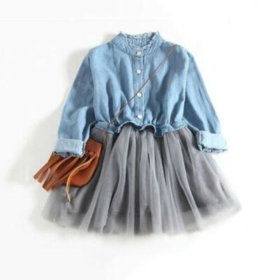 

Pretty Kid Baby Girl Casual Long Sleeve Denim Tutu Tulle Party Pageant Dress Ash