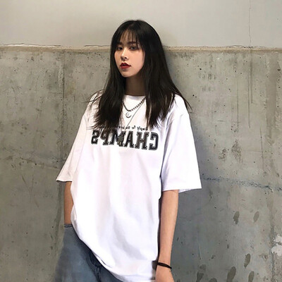 

Womens Casual Round Neck Letter Print Short Sleeve Loose Pullover Simple T-Shirt