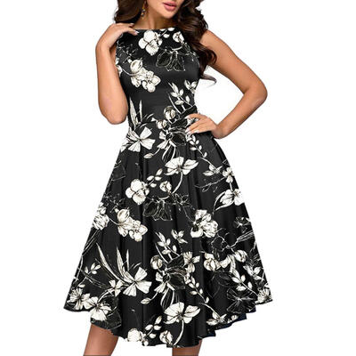 

Vintage Sleeveless Round Neck Tunic Dress Women Flower Print A-line Dresses
