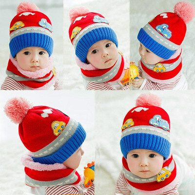 

New Cute Baby Girl Boy Knitted Hat Scarf Set Car Pattern Fleece Warm Cap Neck Warmer Two-Piece Set