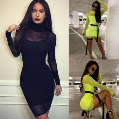 

Women Sexy 2 Piece Set Mesh Sheer See-through Long Sleeve Bodycon Sling Dress