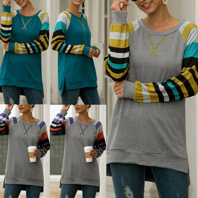 

Fashion Women Lady Striped Blouses O Neck Long Sleeve Loose Casual Tops T Shirts