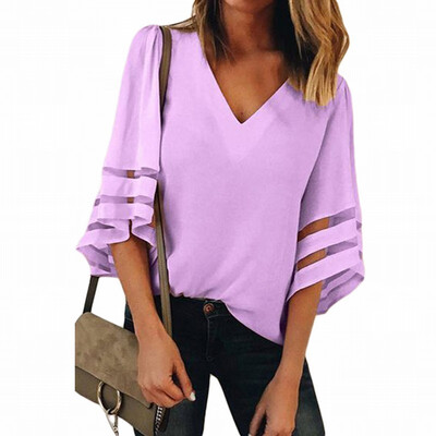 

Solid color V-neck flare seven-point sleeve loose womens white-collar shirt casual top