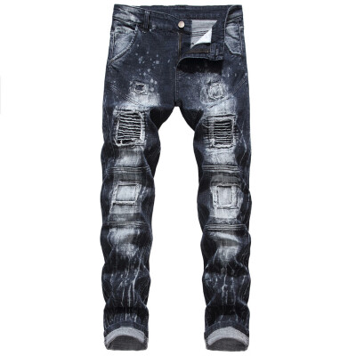 

Gobestart Mens New Fashion Elastic Personality Motorcycle Style Patchwork Denim Trousers
