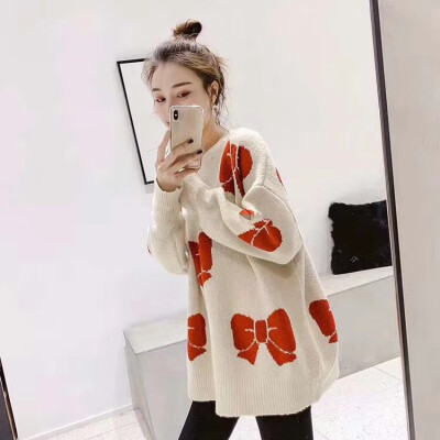 

Sweet Style Bow Pattern Womens Knit Pullover Fashion Trend Round Neck Long Sleeve Sweater Cardigan Knitting Coats