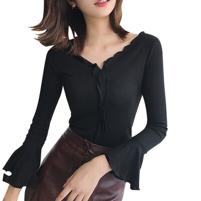 

Women Summer New Fashion Long-sleeved T-shirt Solid Color Ruffled Short Section Slim Slimming Shirt V-neck Irregular Top