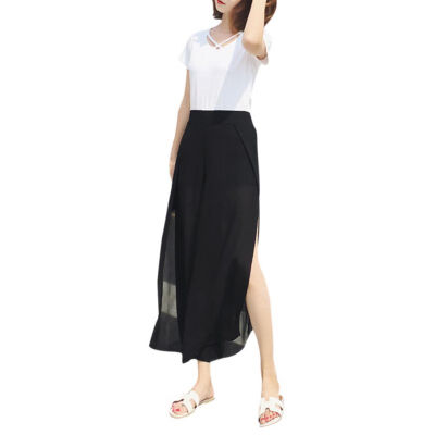 

Chiffon Split Wide Leg Ankle-length Trousers Loose Pant Fashion Elastic Waist Female Casual Women Summer Pants BlackPink