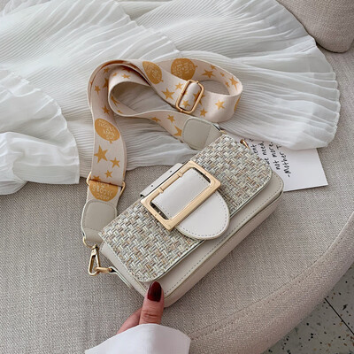 

Ins vintage woven bag Joker wide shoulder strap small square bag new 2019 small fresh shoulder slung womens bag
