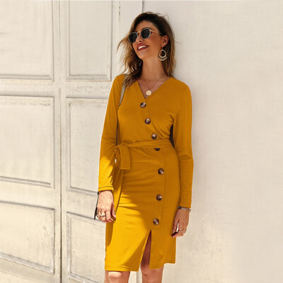 

Women Sexy V Neck Long Sleeve Buckle Knit Tights Stretch Dress Slim Solid Color Skirt