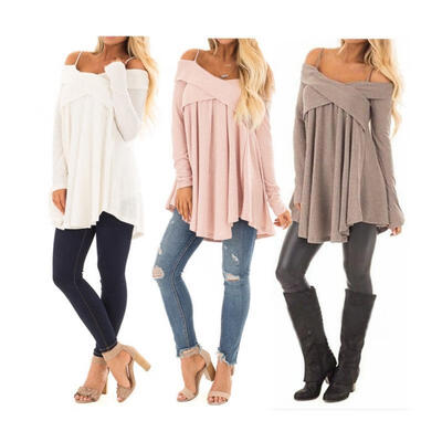 

Fashion women off-the-shoulder long-sleeved solid color sling cross casual loose t-shirt top
