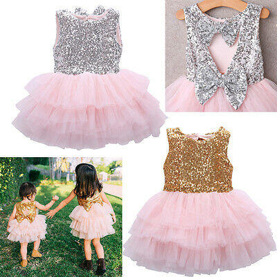 

Princess Baby Girl Sequins Dress Bow Tulle Cake Dress Gown Formal Party Dresses