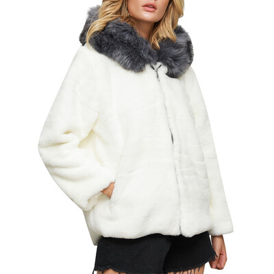 

Toponeto Women Fashion Solid Outerwear Faux Fur Cardigan Loose Hooded Pocket Zipper Coat