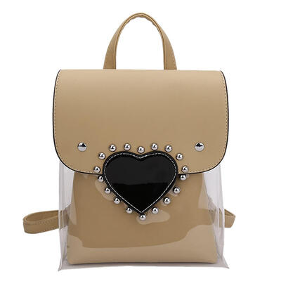 

Clear Love Heart Backpacks Women Rivets PU PVC Teen Girls Travel Schoolbags
