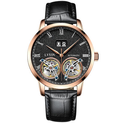 

Green automatic mechanical watch Leather Mens Watch Fashion Calendar Hollow Double tourbillon Waterproof Watch