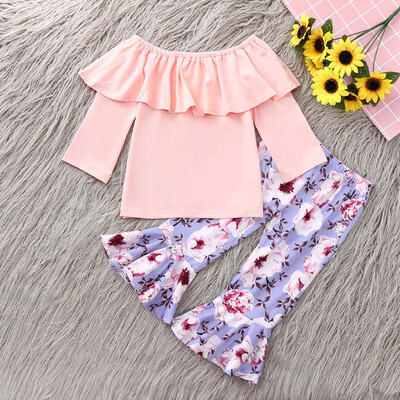 

Toddler Kids Baby Girl Off Shoulder T-shirt Tops Floral Flared Pants Clothes Set