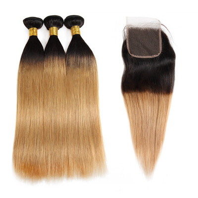 

Ishow 8A Brazilian Hair Extensions 3pcs 1b27 Ombre Hair Straight Human Hair Bundles with Closure