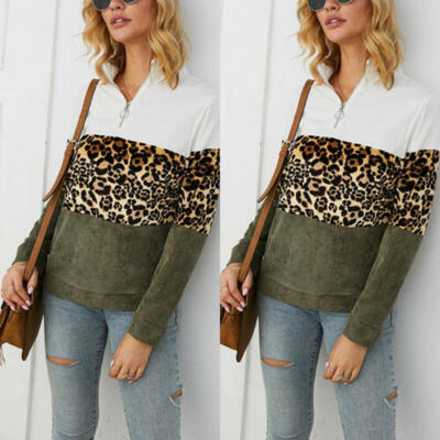 

Fashion Woman Leopard Print Pullover TOP zip-neck long sleeve Outwear Coat -XL