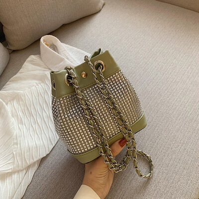 

Tailored Fashion Women Sequins Handle Bag Bucket Leather Bag Diamonds Chain Shoulder Bags