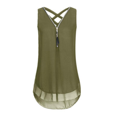 

Women Sleeveless Chiffon Shirts Zipper V-Neck Plus Size Loose Cross Tops