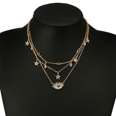 

Long Chain Water Drop Five-Pointed Star Zircon Eye Blue Rhinestone Multi-Layer Necklace Summer For Women