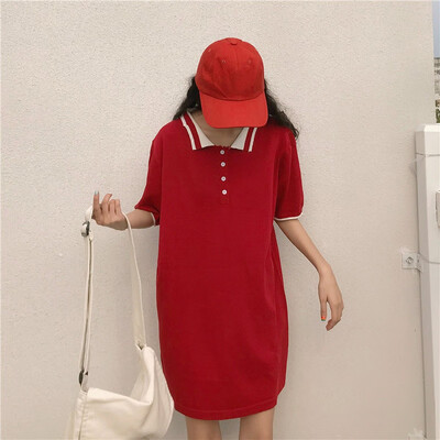 

Women Turn-down Collar Shirt Dress Casual Solid Color Mini Dresses Students Girls Dress