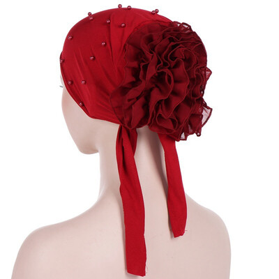 

New Solid Color Beaded Large Flower Stretch Headscarf Muslim Turban Hat Chemo Cap Hair