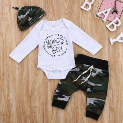 

Mamas Boy Newborn Infant Baby Romper Top Pants Hat 3Pcs Outfit Set Clothes