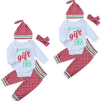

Newborn Baby Girl Xmas Cotton Dot Romper Pants Hat Headband Outfits Set Clothes