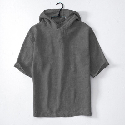 

Toponeto Mens Baggy Cotton Linen Solid Short Sleeve Retro Hooded T Shirts Tops Blouse